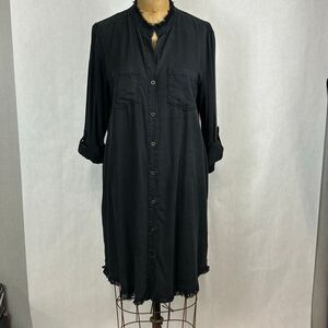 Velvet Heart Button Front Dress Black Sz Medium Raw Hem Roll Tab Sleeves Lightwt
